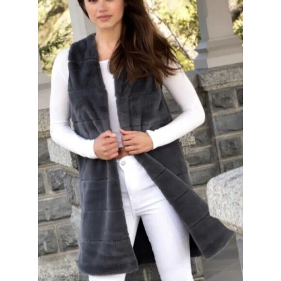 La Fiorentina Faux Fur Long Open Vest In Black One Size New - Picture 1 of 10